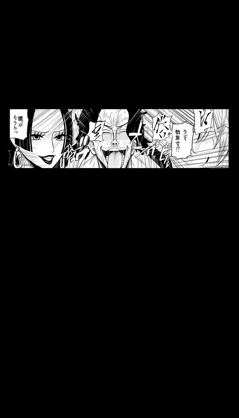 ((masterpiece, best quality, ultra-detailed, One Piece, official art, manga style, Sanji and Boa Hancock)), male fucking female, 1 male, leering grin, 1 female, reaching the peak of pleasure, in a dimly lit ship cabin, motion lines, speed lines, Japanese sound effects, Japanese text bubbles, hentai_studio_quality