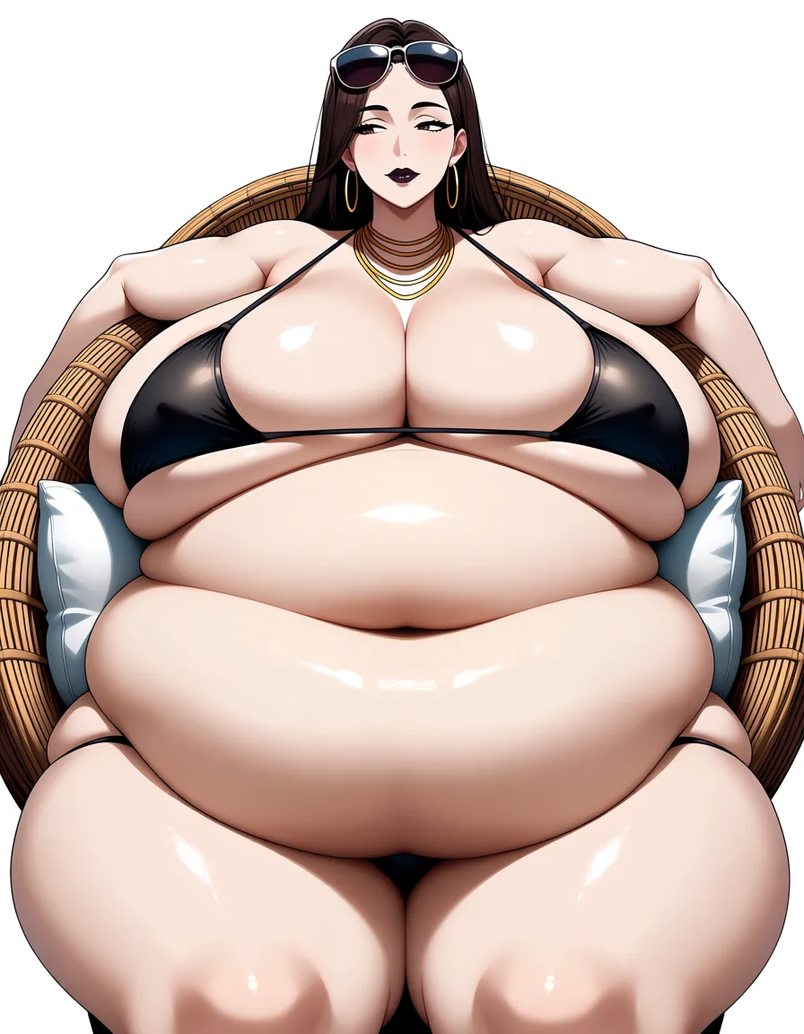 Clean anime style illustration, soft detailed shading, pure white background. Beautiful pale skin woman , long dark brown hair, sunglasses resting on top of her head, large gold hoop earrings, layered gold necklaces, dark lipstick, relaxed confident expression looking slightly to the side.
Body only scaled to approximately 250 lbs: extremely massive soft heavy physique with enormous breasts that hang and rest with realistic gravity, very large multi-layered soft belly with deep heavy rolls and folds that spill outward, extremely thick soft arms, vast wide hips, and massive heavy thighs with realistic weight, sag, and soft tissue distribution. The rest of the image (face, hair, outfit, pose, chair) stays the same as the previous version.
Wearing a tight black micro bikini top stretched tightly over her huge chest and a black thong style bottom. Reclining on a wicker chair with pillows, one arm resting on the chair back. Highly detailed, strong realistic gravity and weight on the ultra-heavy soft body only., hentai_studio_quality, hentai_studio_quality