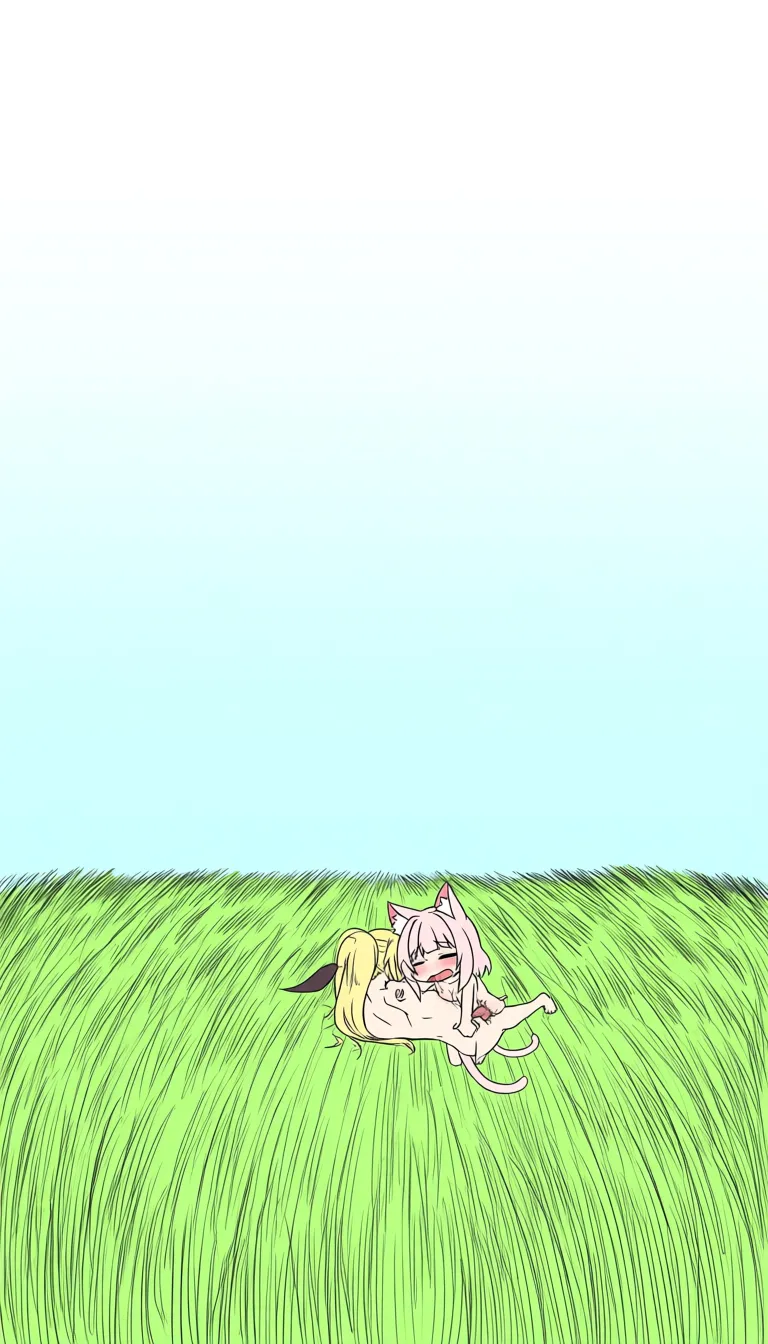 A cat girl futanari with small tits, fucking another cat girl in a open field. both cat girls are visible fully.