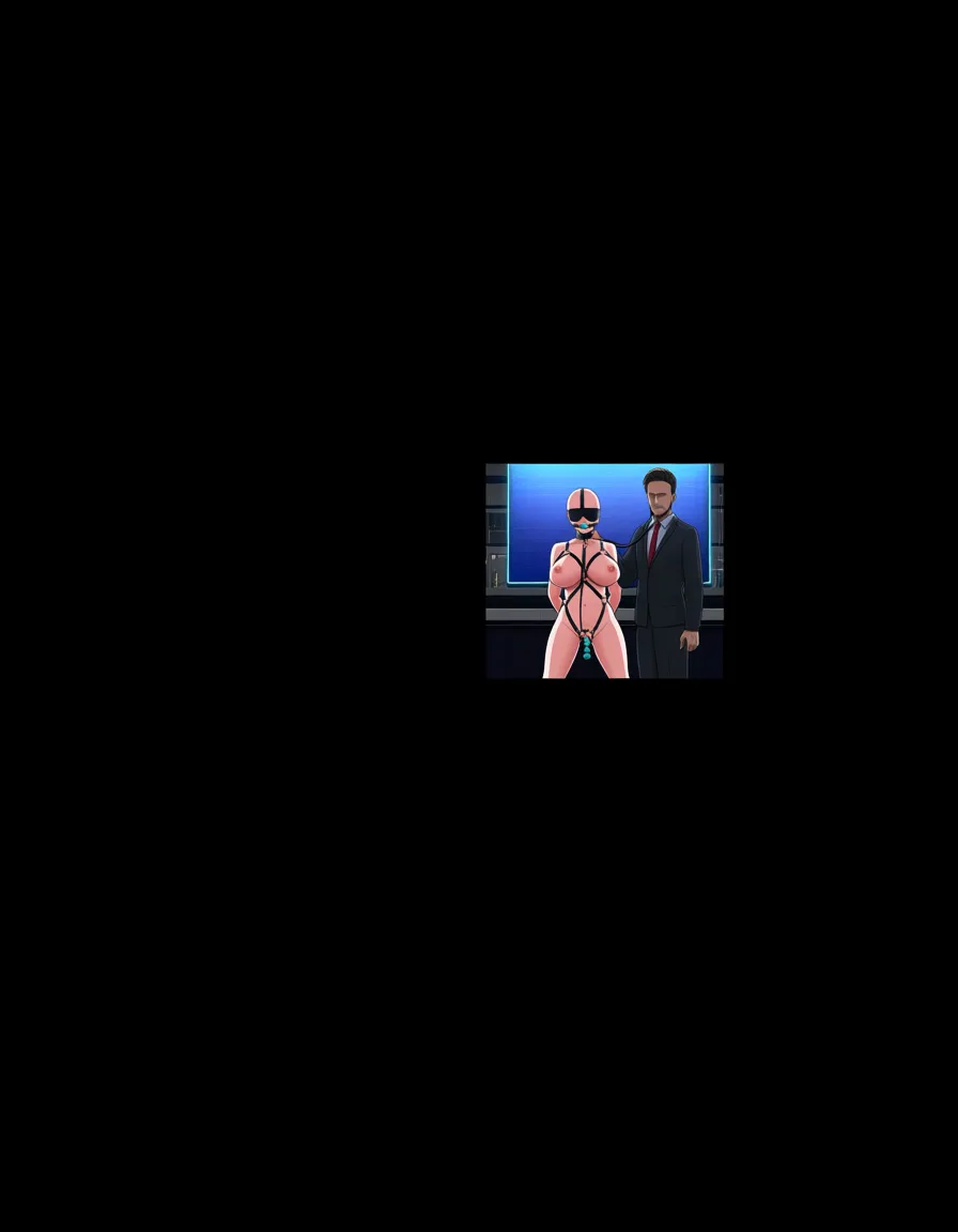 woman (bald, blindfold, harness, gag, collar and leash, vaginal toy, anal toy, huge breasts, huge_ass, strangled by hand), male first person view, man in a suit.
BREAK : laboratory room with a screen., hentai_studio_quality