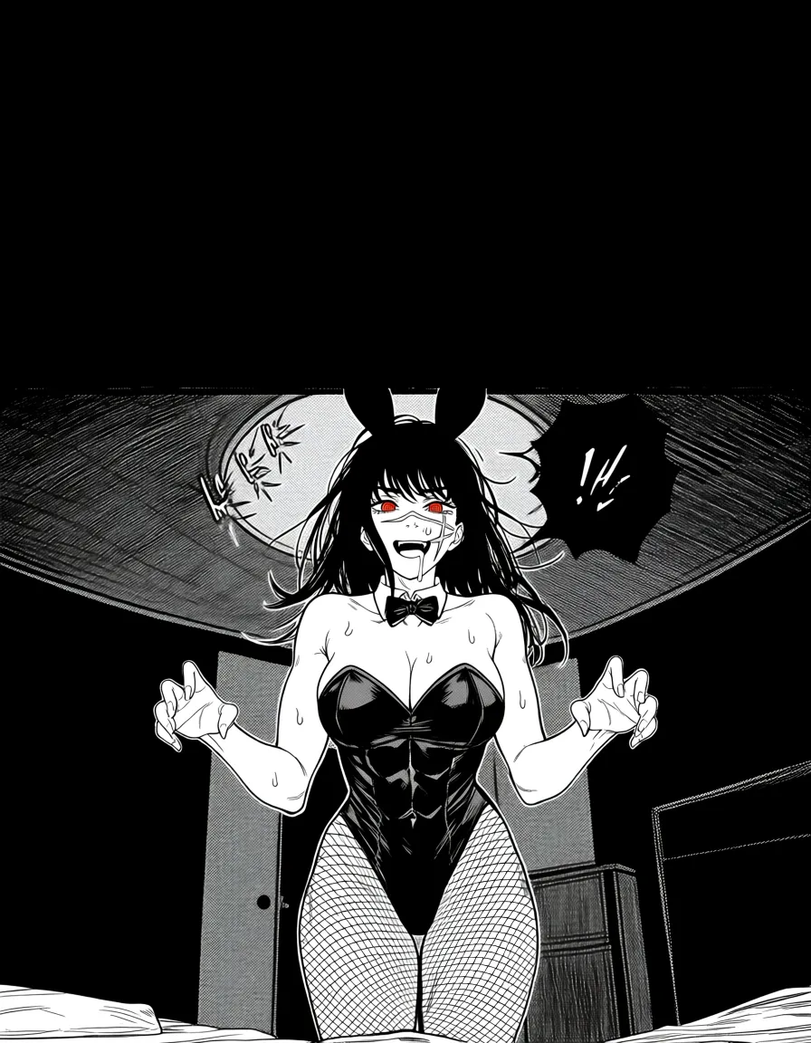 Yoru from chainsaw man, cleavage, playboy_bunnysuit, fishnet leggings, scar, moaning, speech_bubble, manga style, greyscale, comic, comic style, red eyes, dark room, sweat, chainsawman artstyle, doggystyle, bedroom, abs, drooling, smile, hentai_studio_quality