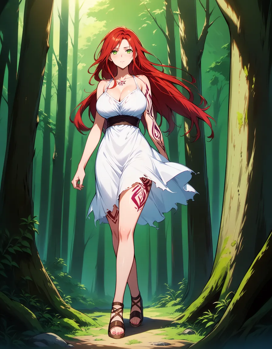 best_quality, absurdres, white_female, torn_clothes, sundress, sandals, explicit_anime_render, runny_makeup, curvy, forest, red_hair, green_eyes, tattoo, freckles, hentai_studio_quality