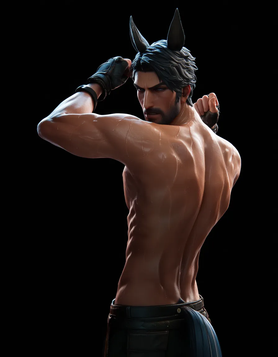 highly detailed, sharp, male focus, sweat, topless, horse ears, detailed shading, score_9, score_8, 3d render, octane render, subsurface scattering, ray tracing, smooth shading
