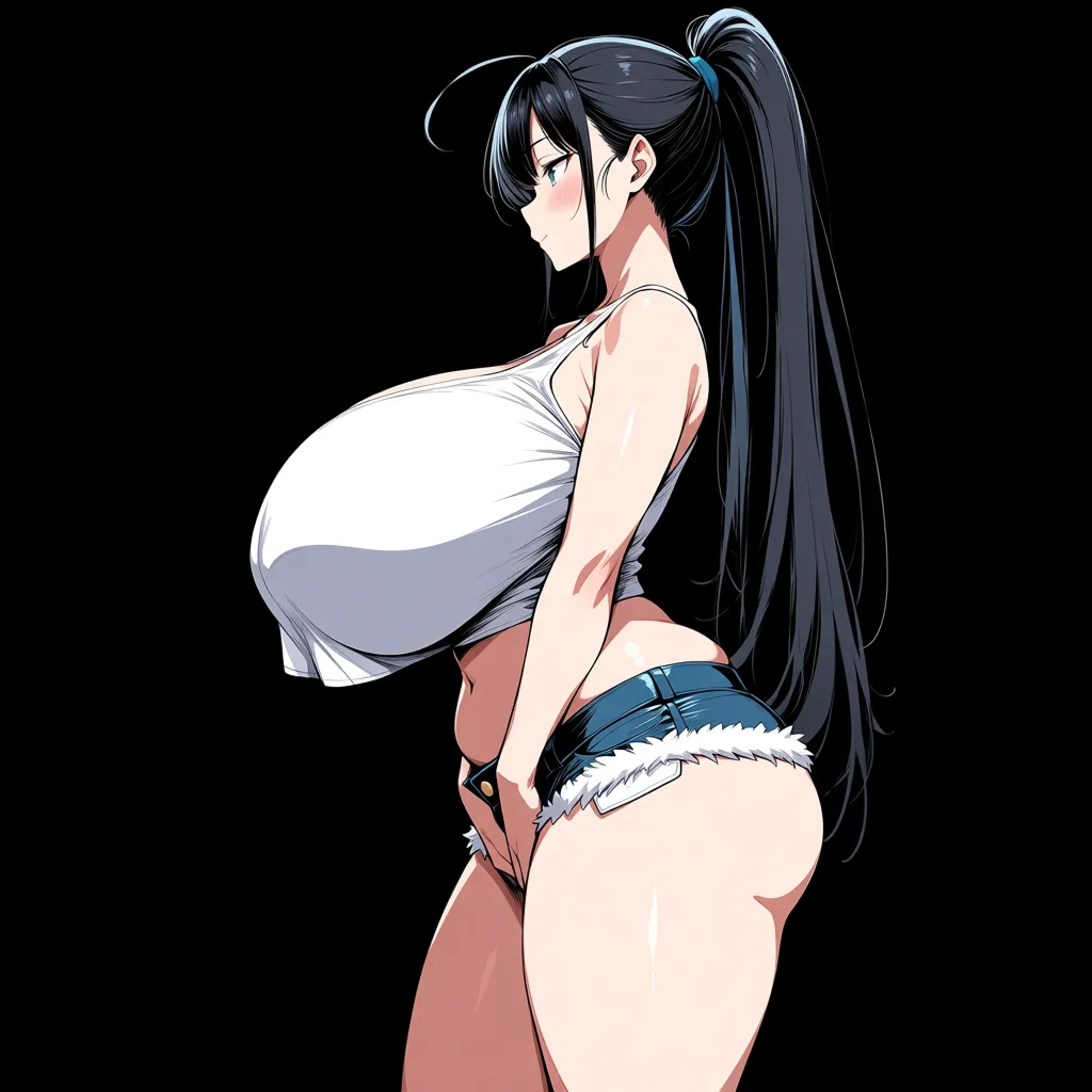 Anime girl with long black hair in a high ponytail, massive breasts straining against a white crop top, thick thighs and fat ass barely covered by tiny denim shorts with white fur trim Standing in a cave entrance