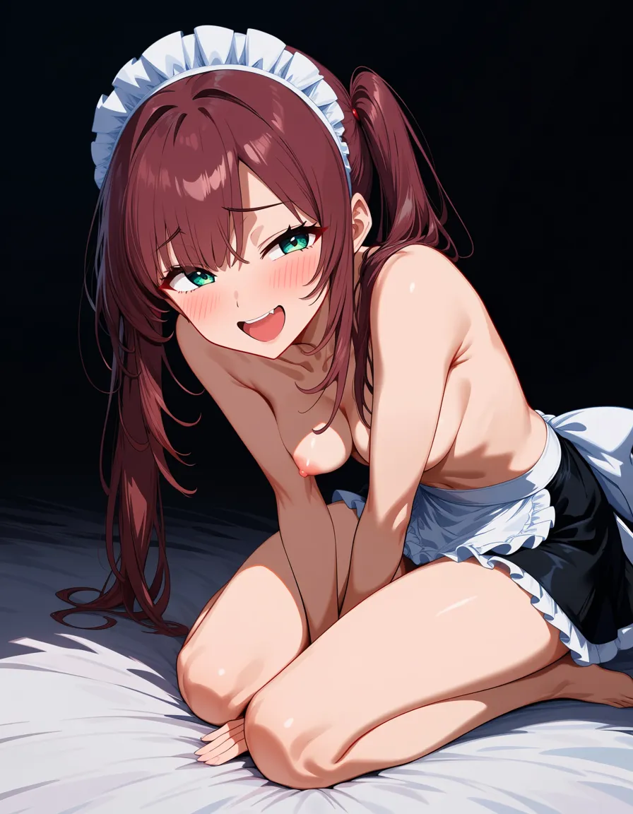cinematic photo, 8k, maid, topless, barefoot, on bed, playful expression, studio photo, style anime, hentai_studio_quality
