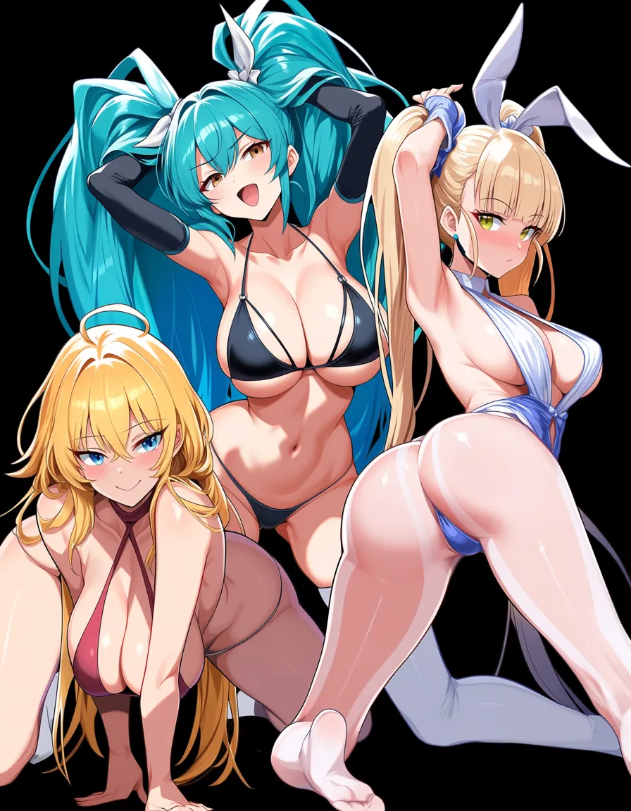 best quality, polished, 3girls, on all fours, armpits, twintails, cloud, eroge aesthetic, hentai_studio_quality