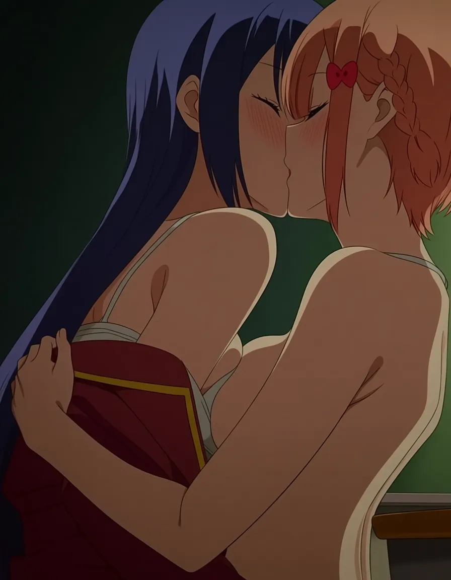 In a classroom, Mafuyu Kirisu and Ogata Rizu from Bokutachi wa Benkyou ga Dekinai are alone. Kirisu corners Rizu and kisses her before fondling her breasts and undressing her., hentai_studio_quality