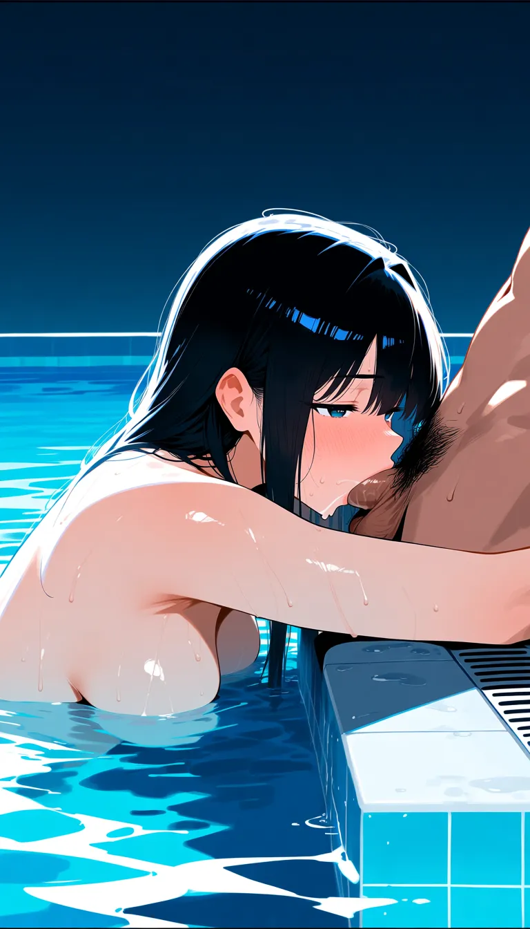 Topless black haired girl in a pool, sucking a penis on the edge of the pool