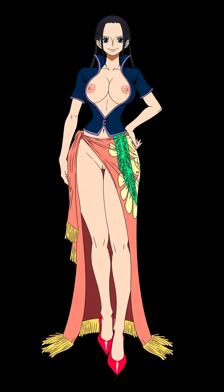 Robin from One Piece, Oda style, full_body, beautiful warm smile, gentle expression, standing, sexy pose, one hand on hip, facing camera, black background, a long coral-pink/salmon wrap skirt or sarong tied around her waist with a decorative green and yellow floral patterns along one side and a fringed/tassel-like hem and a massive front slit revealing her naked pussy, a fitted dark-blue short-sleeved jacket completely open with a high collar and the sleeves slightly rolled at the edges, breasts and nipples exposed, pussy exposed, Red-coral high-heeled pumps with pointed toes, (anime style:1.3), 2d, anime screencap, cel shading, flat color, @00osamio00