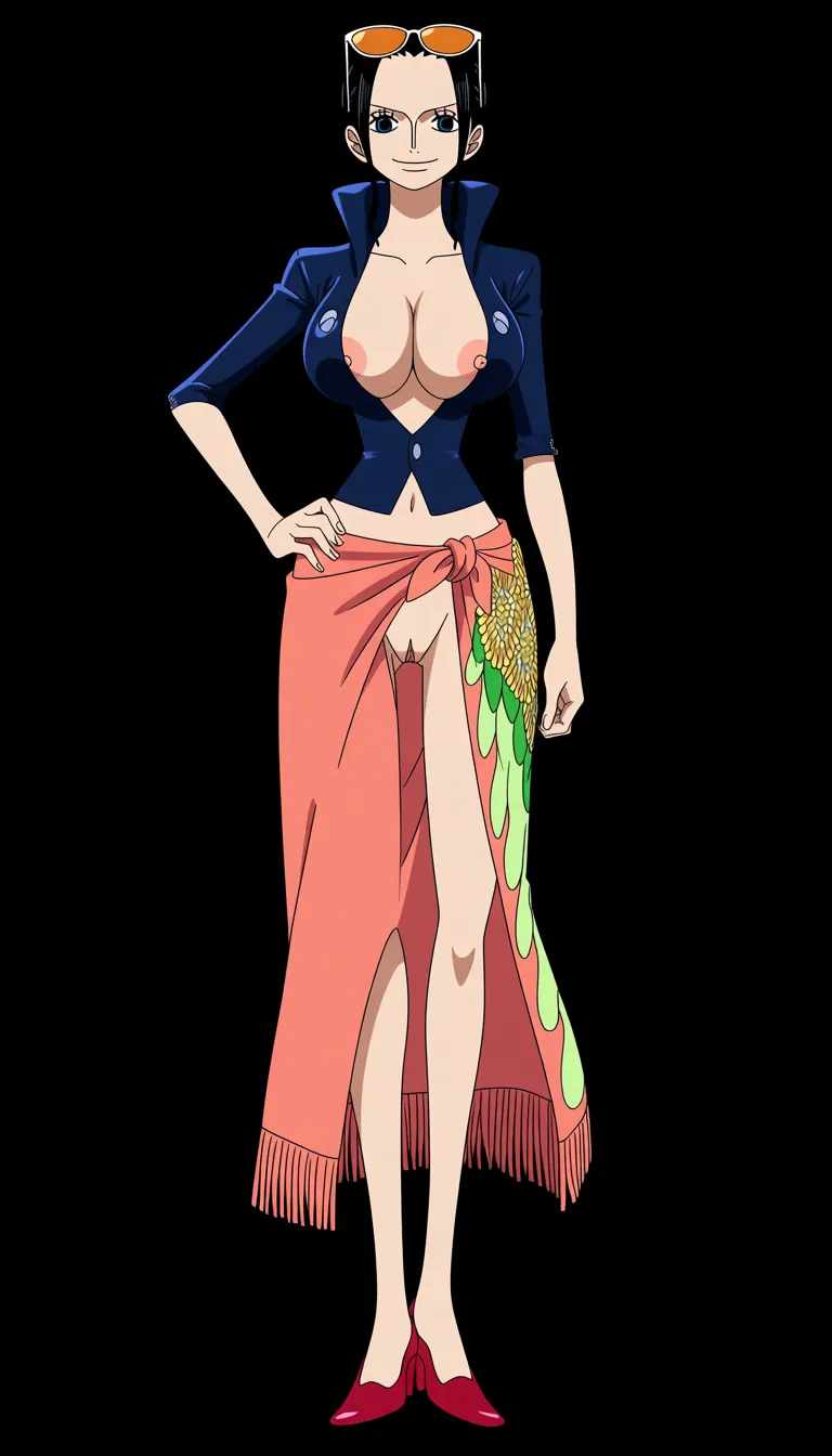 Robin from One Piece, Oda style, full_body, beautiful warm smile, gentle expression, standing, sexy pose, one hand on hip, facing camera, black background, a long coral-pink/salmon wrap skirt or sarong tied around her waist with a decorative green and yellow floral patterns along one side and a fringed/tassel-like hem and a massive front slit revealing her naked pussy, a fitted dark-blue short-sleeved jacket completely open with a high collar and the sleeves slightly rolled at the edges, big breasts and nipples exposed, pussy exposed, Red-coral high-heeled pumps with pointed toes, orange tinted sunglasses on top of head, (anime style:1.3), 2d, anime screencap, cel shading, flat color