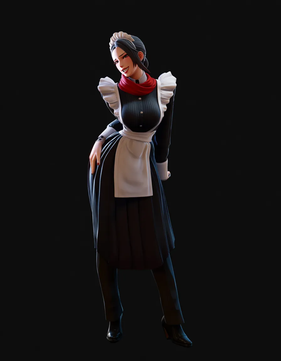 absurdres, highres, maid, scarf, pants, anal sex, teasing grin, visual novel art, score_9, score_8, 3d render, octane render, subsurface scattering, ray tracing, smooth shading