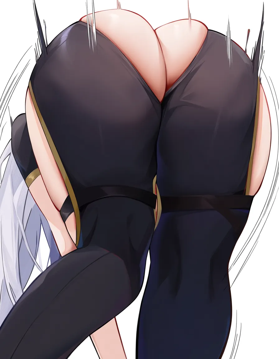@fern_(sousou_no_frieren) cleavage_cutout , jumping in action cropped_legs thighs from_behind from_side bent_over arched_back, hentai_studio_quality
