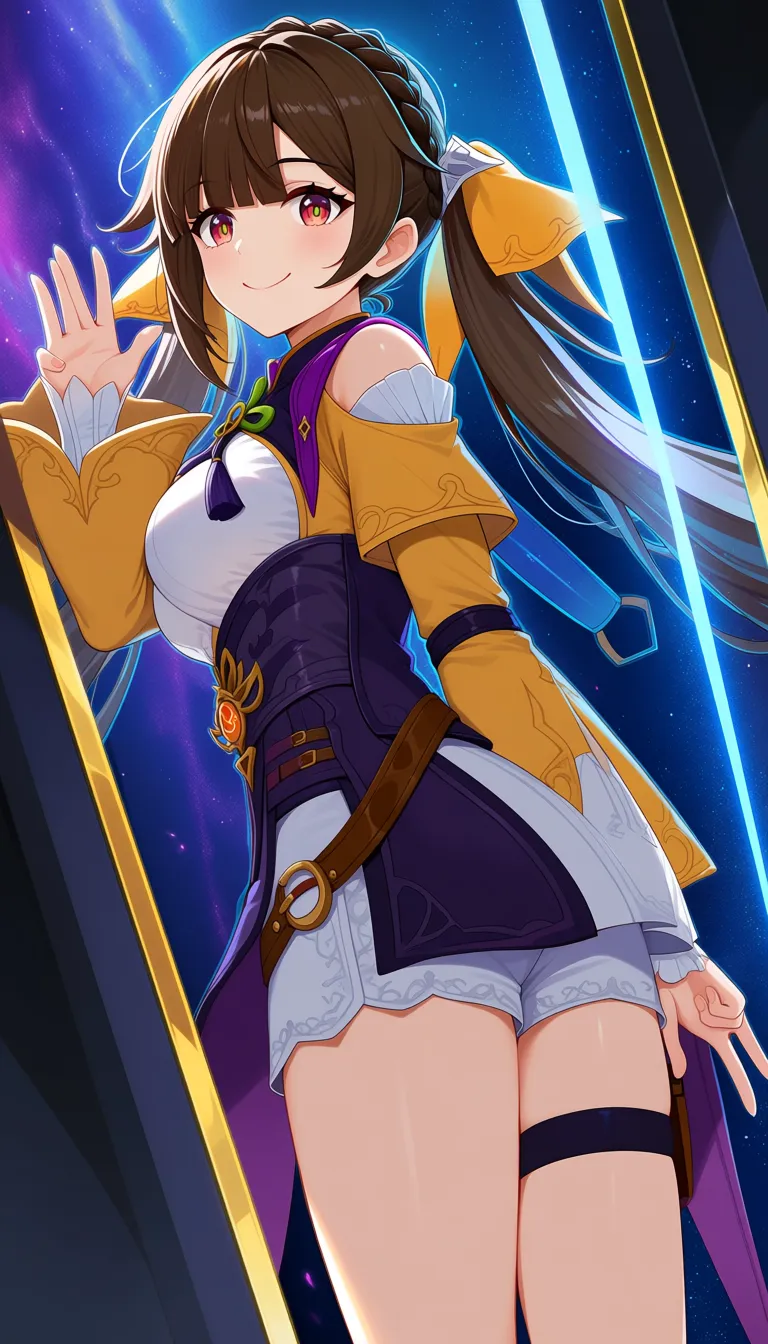 Masterpiece, Genshin Impact style, 1girl, Sushang, Cameltoe, Easy going smile, shorts, Space ship corridor.,,, value:0.1 for: hentai_studio_quality,,, hentai_studio_quality