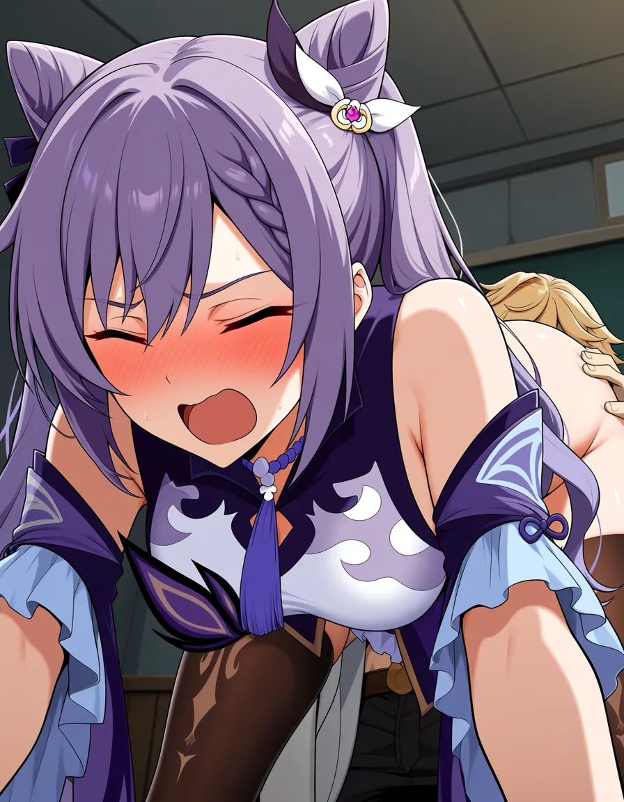 keqing, bent_over , no_panties , bottomless ,school_uniform ,classroom, moaning, cunnilingus , 1boy, 1girl, blush, aether, hentai_studio_quality