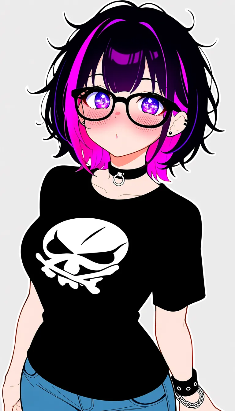 anime girl in soft modern digital waifu style, large sparkling expressive purple eyes with highlights, soft round face, heavy blush on cheeks, short messy black-purple hair with bright pink streaks and highlights, black-rimmed glasses, black choker with silver ring, black t-shirt with white skull logo, blue jeans, black wristband with chain, small earring, slightly large head proportions, cute feminine body, clean black lineart, soft cel-shading, vibrant colors, high quality, detailed, completely nude, detailed body, seductive pose, looking at viewer, hentai_studio_quality