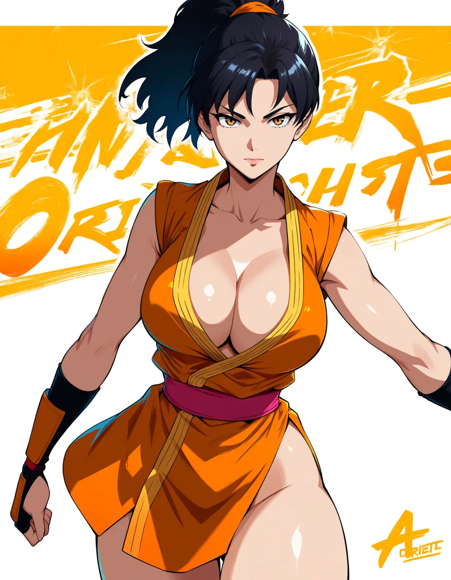 [onimusha]_kaede, ninja orange_clothes orange_skirt naked_thigh black_hair short_hair _ponytail,, hentai_studio_quality, hentai_studio_quality
