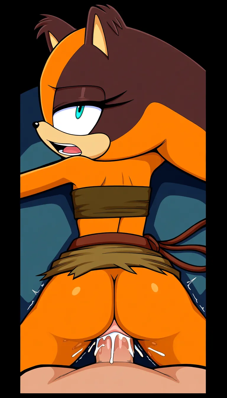 Original sticks the jungle badger from Sonic BOOM, Mint colored eyes, from behind, on stomach, open mouth, moaning, on stomach sex, pov vaginal sex, pov white no hairs cock, no pov hands, jungle, Brown worn-down tube top and Brown skirt tied with an auburn belt, Pussy juice, no panties, medium ass, manga panel look, sideway glance, eyes up, cum in pussy, hentai_studio_quality, hentai_studio_quality, hentai_studio_quality