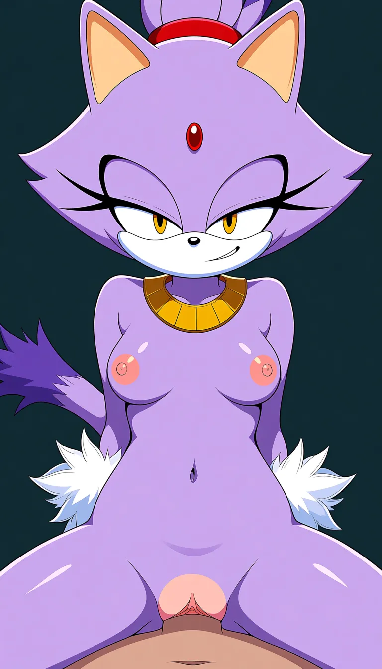 Blaze the Cat, mature female, purple fur, red jewel,   a gold neck collar,  white gloves with fluffy white cuffs, confident smirk, half-lidded eyes, pussy, nipples,  Pov Vaginal Sex, Pov Vaginal penetration, Pov Pale cock, pov cowgirl, riding pov penis, Garden Background,(Digital illustration, cell shading, semi-flat coloring, painted soft shadows, vibrant saturated colors, matte finish, clean thin, 2D anime style, no glossy reflections, no rim lights).  masterpiece, hand-drawn look, hentai_studio_quality, hentai_studio_quality, hentai_studio_quality
