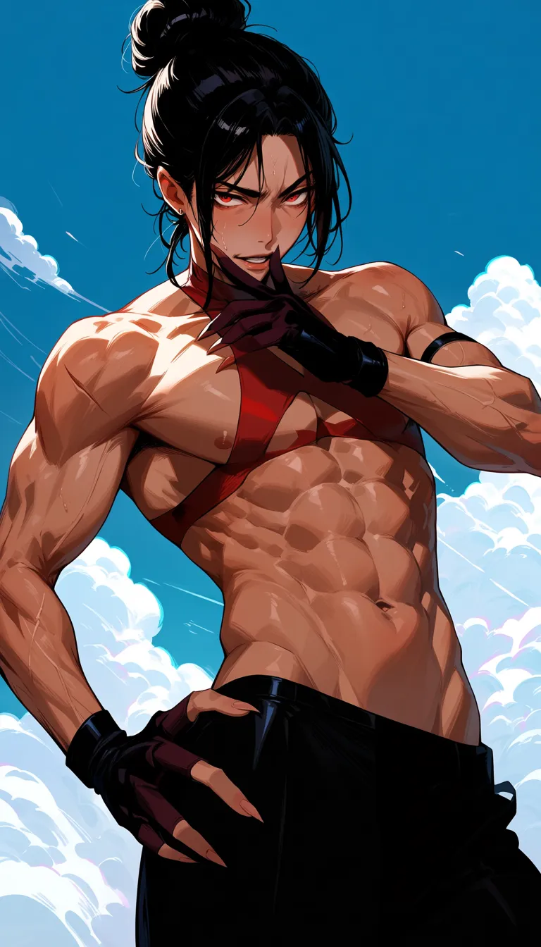 highly detailed, sharp, male focus, bondage, stomach, hair bun, cloud, doujin style, hentai_studio_quality