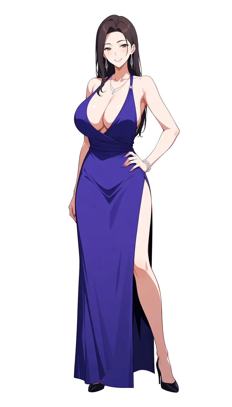 absurdres, highres, mature female, bare legs, evening gown, vaginal penetration, white background, doujin style