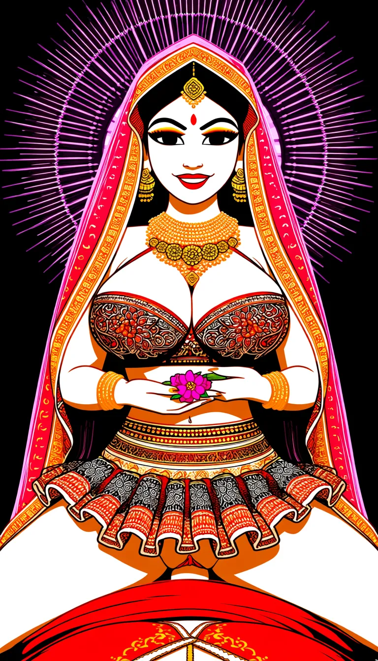 My 1 Adult Mother Goddess ethnicity Hindu, Bengali, red lipstick, Accurate Anatomy, symmetrical body structure, Big chest, Thick thighs and arms, thick pelvis, tight fitting bra with intricate patterns and baggy mini skirt with curls and frills, pussy, Adorned Heavily in Indian Ornaments, black eyes, POV Sex, Symmetrical Tight Straddling Position, Having sex with me, big all around Mukut Crown, devine radiance, Calm and Graceful Expression, confident smile with hooded eyes, flowers around in Symmetrical order, holding flowers, floral necklace, folk art with realistic movements