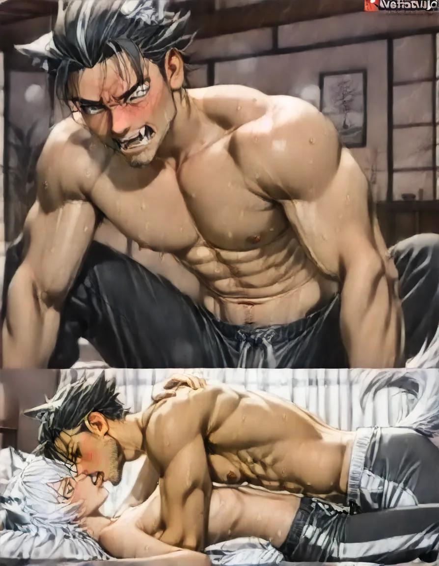 hentai_studio_quality, (anime style:1.3), 2d, anime screencap, cel shading, flat color. size_difference, yaoi. shorter boy, short black_hair, black eyes, dressed casual, blushing, laying on his back on a bed, french kissing a tall, handsome man, white hair, yellow_eyes, wolf_ears, wolf_tail, fangs, stubble, topless_male, muscular, sweatpants, glaring down at him BREAK bedroom night, hentai_studio_quality, hentai_studio_quality, hentai_studio_quality, hentai_studio_quality, hentai_studio_quality, hentai_studio_quality, hentai_studio_quality, hentai_studio_quality, hentai_studio_quality, hentai_studio_quality