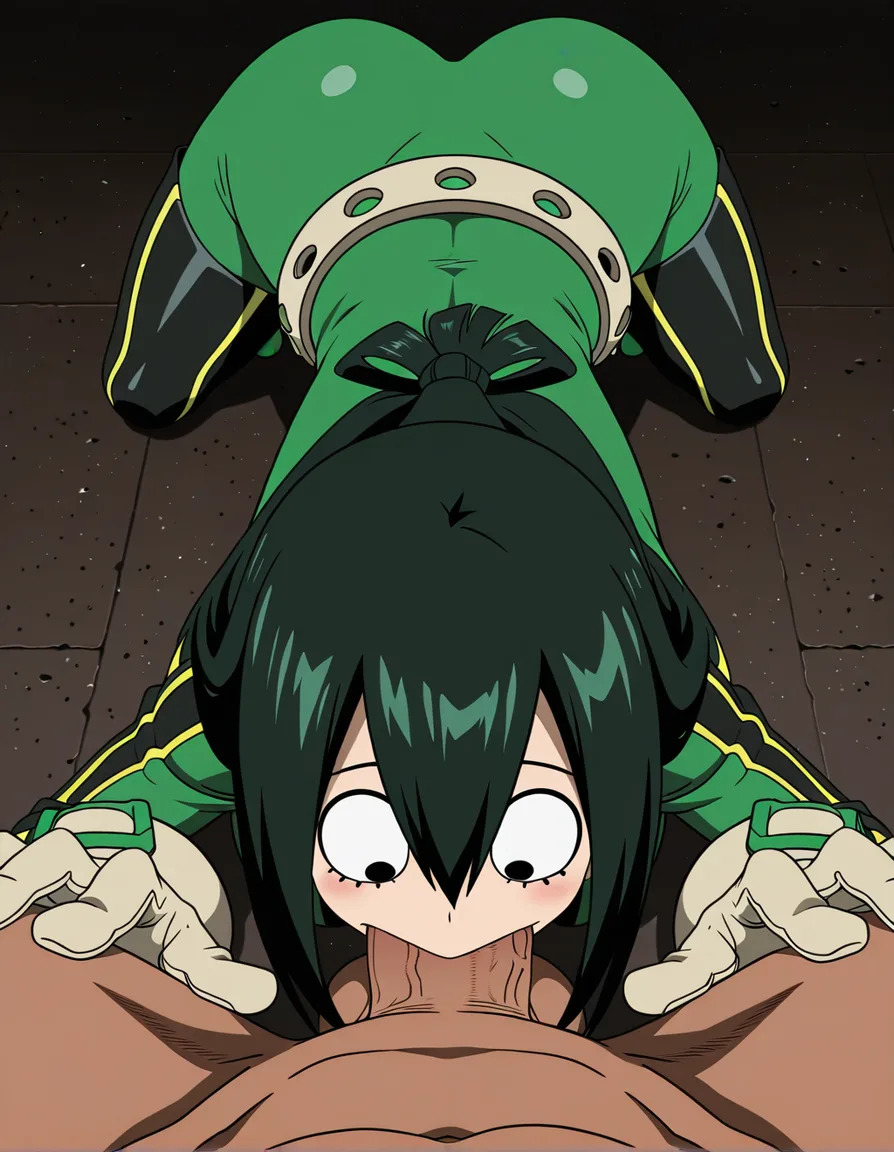 Asui Tsuyu, huge penis, huge balls, pov blowjob, deep throat,, (anime style:1.3), 2d, anime screencap, cel shading, flat color, @00osamio00