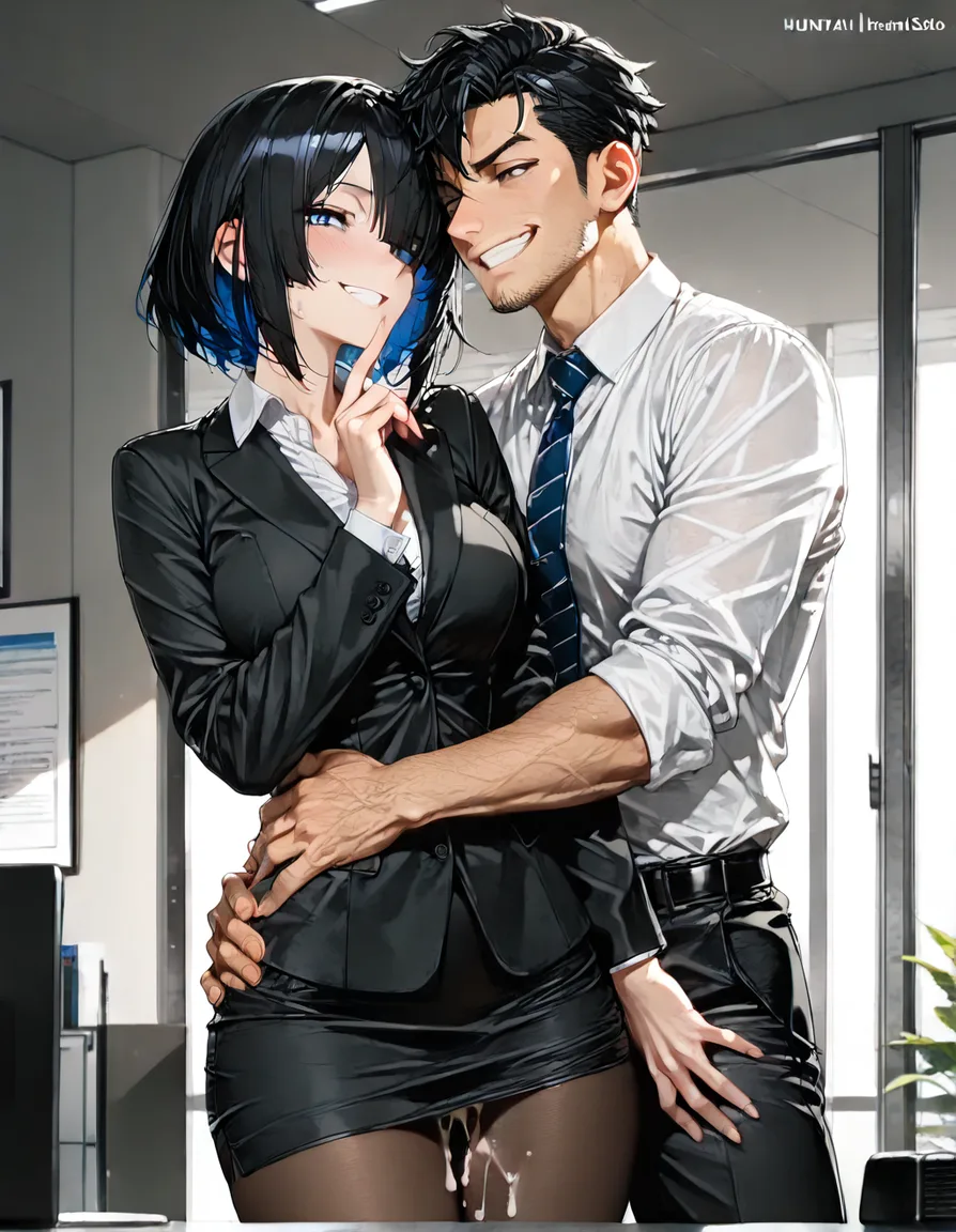 ultra detailed shading, couple, office wear, creampie, teasing grin, cowboy shot, soft cel shading, hentai_studio_quality