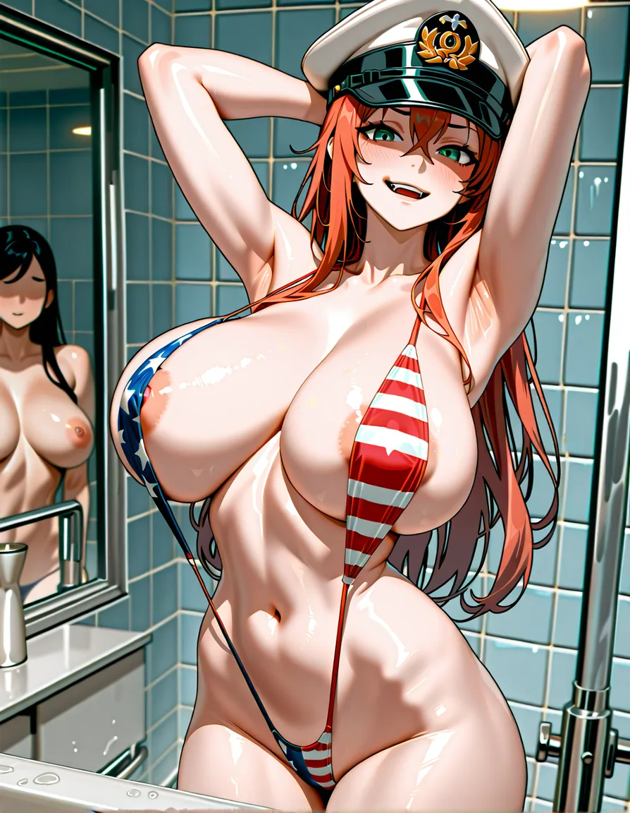 @female_admiral_(kancolle) genderswap thin_american_flag_slingshot_swimsuit, bimbo, huge_breasts, narrow_waist, hourglass_body, armpits, bathroom, no_light, nipple_slip, looking_at_viewer, shameless_view, faceless_female, Admiral_hat, solo_focus, lower_teeth_only, long_hair, massive_breasts_bigger_than_head
Hentai-style, hentai_studio_quality