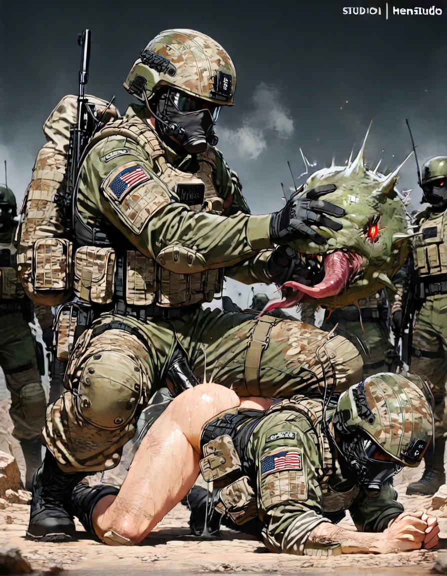 A female soldier being penetrated by a soldier while fighting another enemy soldier., hentai_studio_quality
