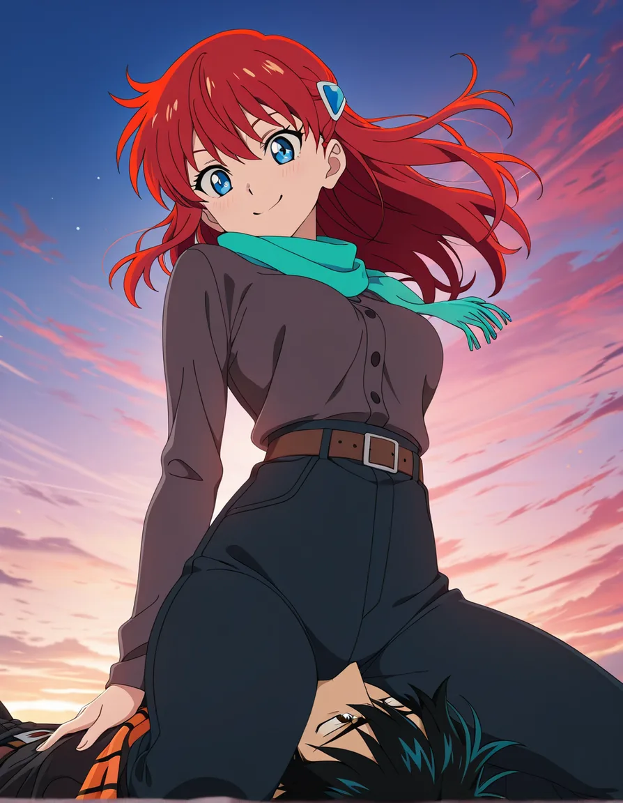 masterpiece, clean art, couple, scarf, belt, facesitting, sky, playful expression, vivid anime colors, (anime style:1.3), 2d, anime screencap, cel shading, flat color