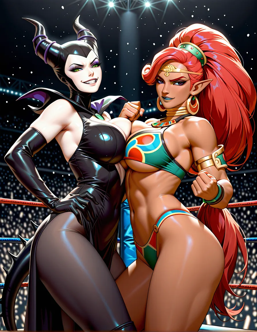 2girls , maleficent evil_smile , urbosa , wrestling_ring , breast_press , confidence , from_side, hentai_studio_quality, hentai_studio_quality fighting_stance, hentai_studio_quality, hentai_studio_quality