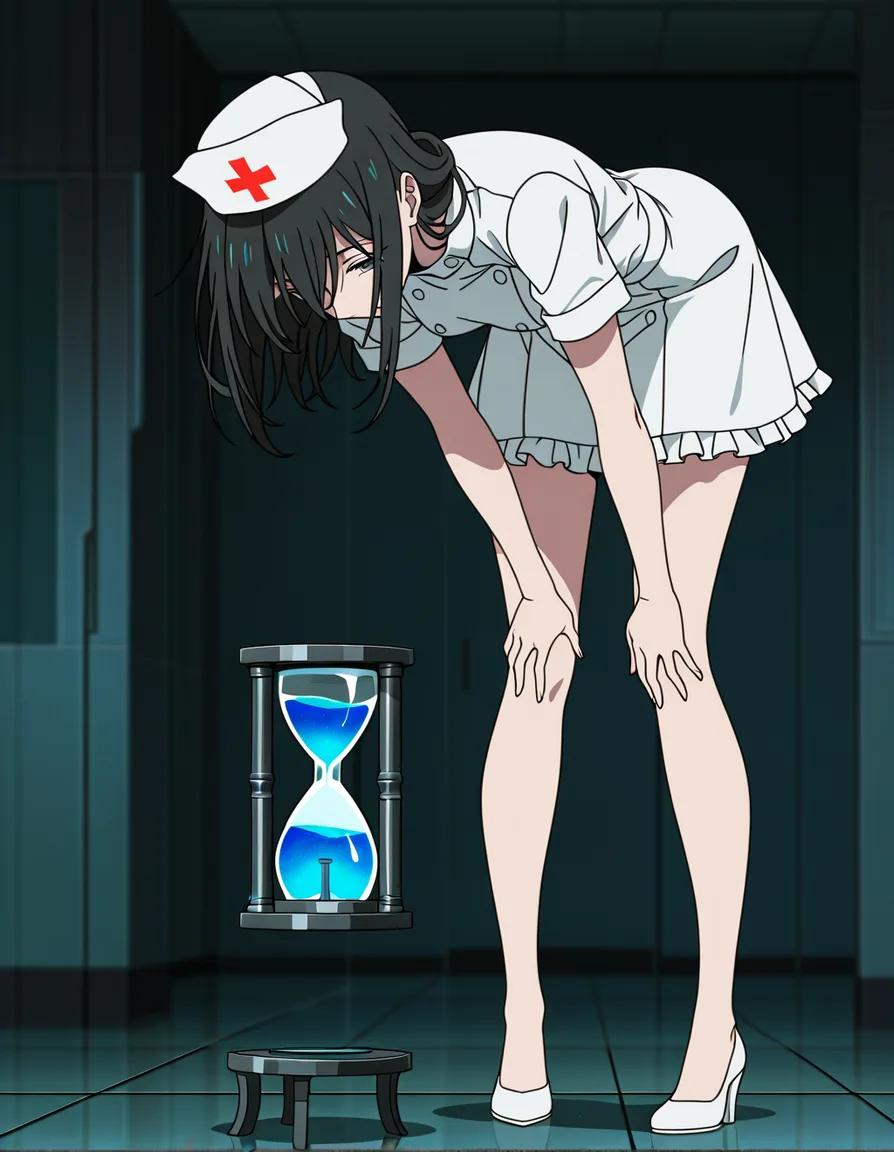 sharp focus, 8k uhd, nurse, hourglass figure, frills, bent over, full body, cinematic realism, (anime style:1.3), 2d, anime screencap, cel shading, flat color, @00osamio00