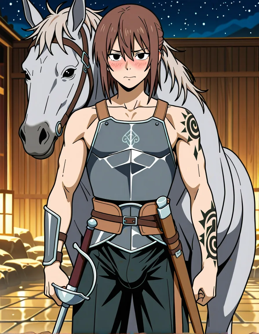 A young man with short brown hair and black eyes—slender yet slightly muscular, with a faint blush, tousled hair, and a shy expression—stands alone, half-naked, in a hot spring; he wears armor and carries a rapier, displays star-shaped, tattoo-like markings on his skin, and shows a visible bulge at his crotch; accompanied by a grey horse; ultra-high quality; no women nearby., (anime style:1.3), 2d, anime screencap, cel shading, flat color