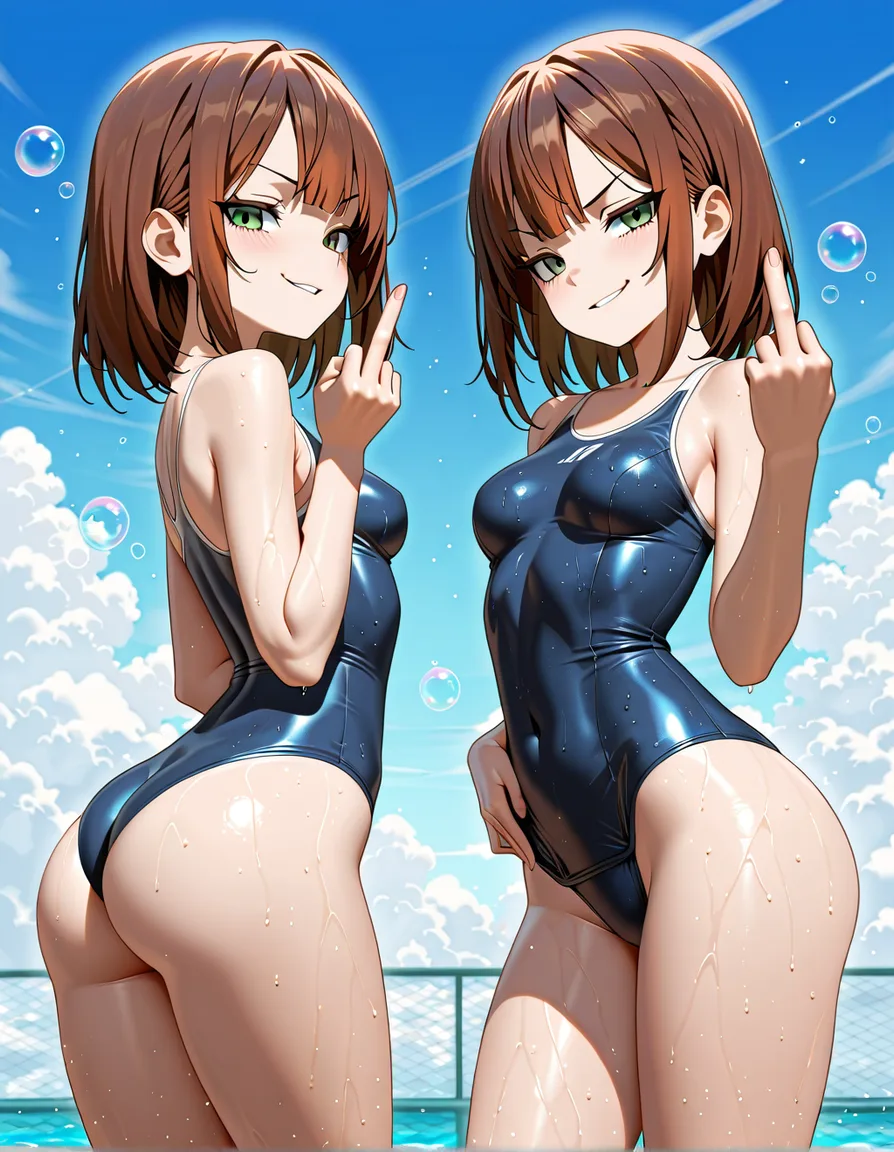 ultra detailed shading, 1girl, brown_hair , green_eyes, school_swimsuit, petite, medium_breasts , bubble butt, sexy pose, showing middle finger, smirk,, hentai_studio_quality