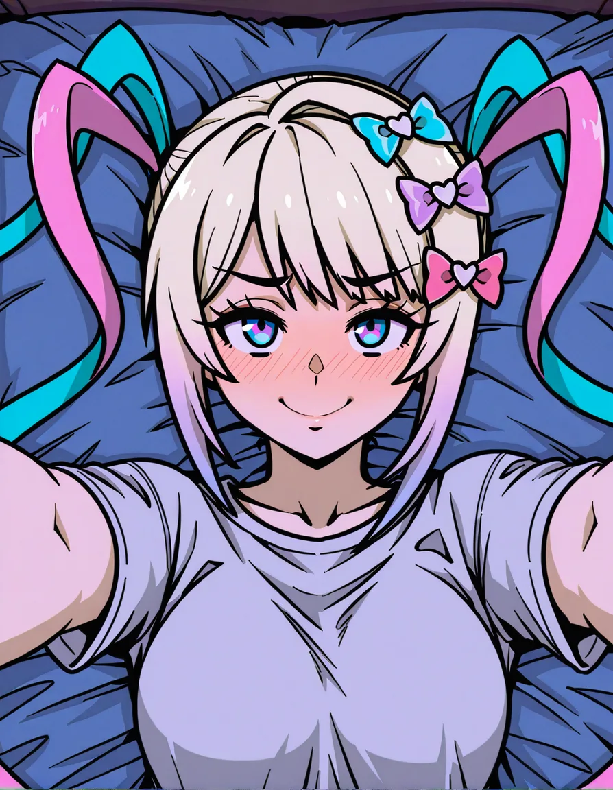 @chouzetsusaikawa_tenshi-chan, 1girl, embarrassed, smile, akairiot_artstyle, blush, pov, lying, on_back, on_bed, solo, (anime style:1.3), 2d, anime screencap, cel shading, flat color, @00osamio00