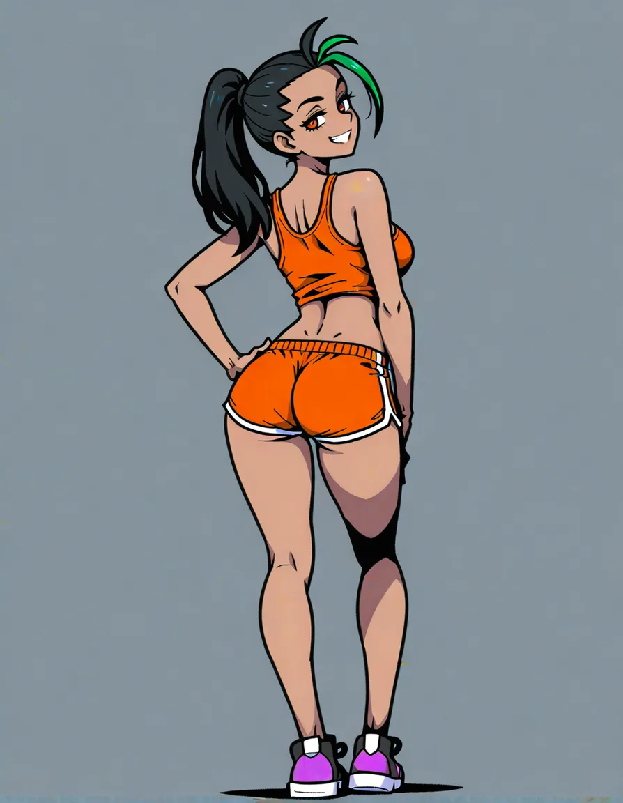 1girl, solo, @nemona_(pokemon), akairiot_artstyle, ass, dolphin_shorts, orange_shorts, tank_top, no_bra, naughty_face, full_body, standing, from_behind, (anime style:1.3), 2d, anime screencap, cel shading, flat color, @00osamio00