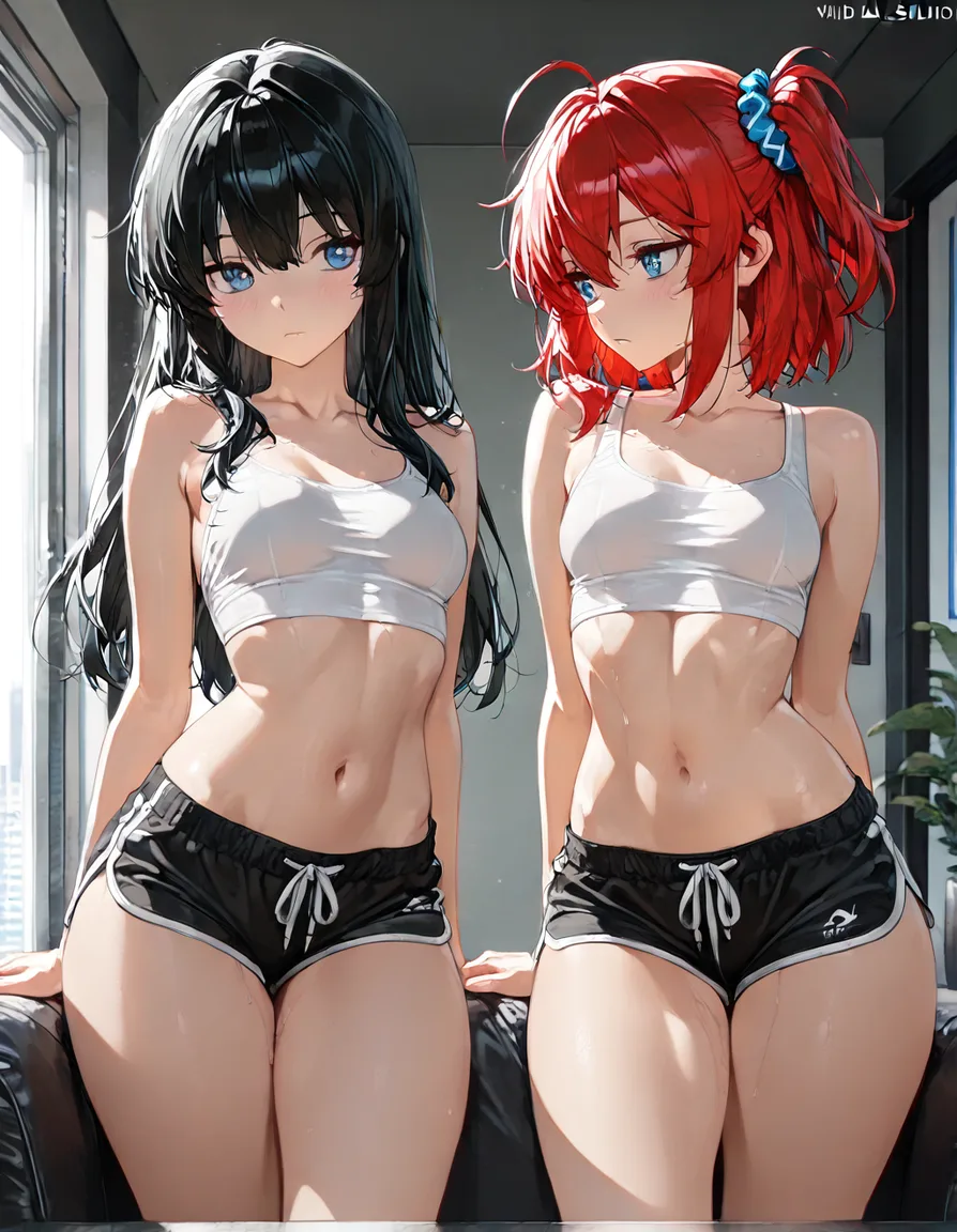masterpiece, clean art, 2girls, small_breasts, dolphin shorts, vivid anime colors, hentai_studio_quality