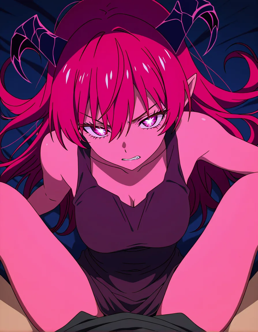 masterpiece, fine detail, demon girl, sleeveless, missionary, intense passion, vivid anime colors, (anime style:1.3), 2d, anime screencap, cel shading, flat color, @00osamio00
