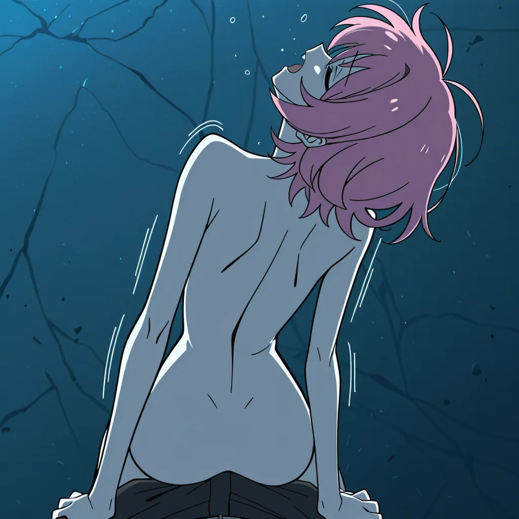 skinny asian woman, pink hair, riding a mans dick, man front, view from above, bouncing hips in a steady rhythm, head tilted back, mouth open moaning, eyes half-closed, intense pleasure, flushed face, detailed face, soft lighting