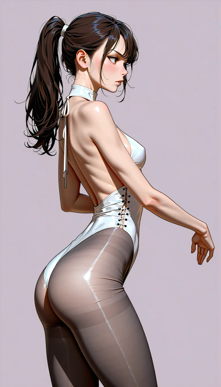 realistic, highly_detailed, Korean, cute, dark brown hair, ponytail, tight_clothes, revealing_clothes, (backless_outfit, sideless_outfit), white sleeveless_shirt over blue highleg_leotard, grey pantyhose, small_breasts, narrow_waist, fit, standing, serious, dynamic_pose, simple_background, science_fiction,, hentai_studio_quality