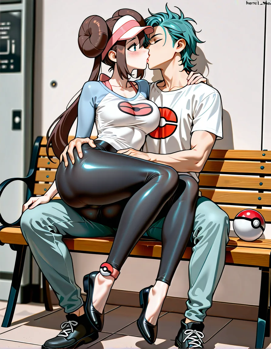 rosa_(pokemon) Rosa in a white shirt with sky blue sleeves and a pink pokeball logo on the middle of her chest on the white t shirt. Wearing black tight ankle high leggings and black flats. Who's sitting on my lap, while I'm on a bench. sitting_on_person, looking_at_another. As I, a human boy, grab Rosa's massive ass through her tight dark ankle high leggings. grabbing_another's_ass. As we kiss french_kiss, hentai_studio_quality