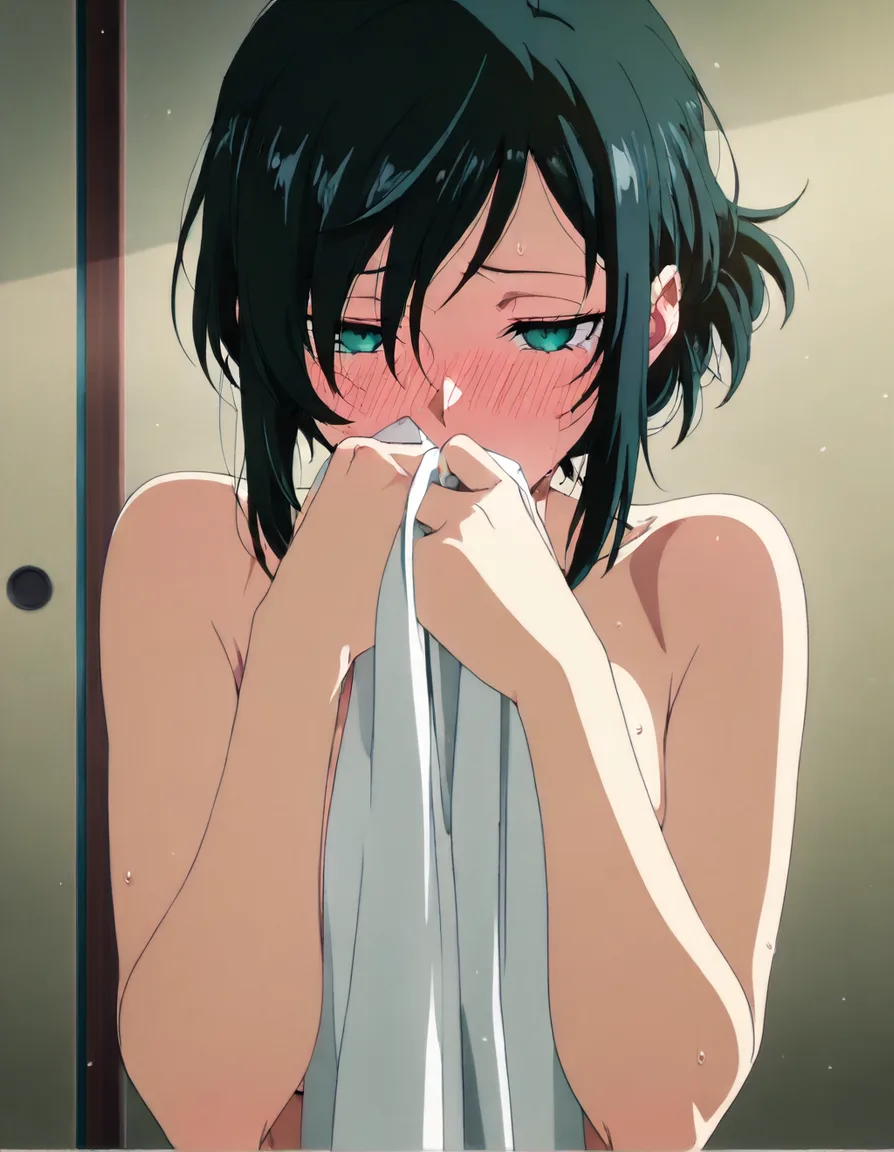 fukka persona 3 naked blushing with her hands out, (anime style:1.3), 2d, anime screencap, cel shading, flat color