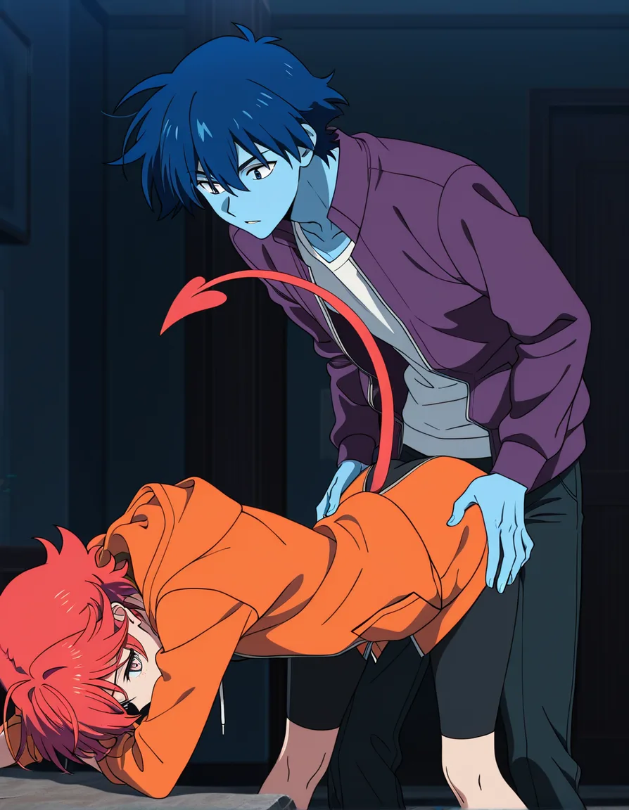 ultra detailed, 2boys, tail, bent over, vivid anime colors, (anime style:1.3), 2d, anime screencap, cel shading, flat color, @00osamio00