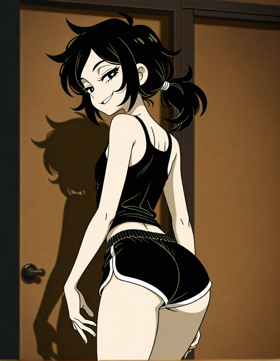 accurate_artstyle, @ashley_graves, 1girl, solo, black_hair, ass, tank_top, dolphin_shorts, black_shorts, naughty_face, from_behind, looking_back, looking_at_viewer, standing, (anime style:1.3), 2d, anime screencap, cel shading, flat color, @00osamio00