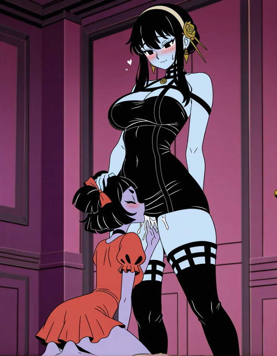 @yor_briar, Muffet from Undertale, black bodycon dress, blush, height_difference, female_masturbation, orgasm, 2girls, lesbian, yuri, thick_thighs, large_breasts, /best_quality., (anime style:1.3), 2d, anime screencap, cel shading, flat color