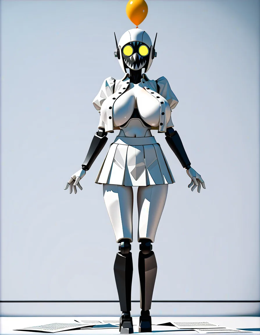 paper white skin, white_hair,1girl, origami girl, faceless, paper texture, 8k uhd photo, low poly, full body, front view, huge breasts, pointy breast, breasts_apart, white blouse, open blouse, white skirt, white gloves, long gloves, balloon sleeves, (anime style:1.3), 2d, anime screencap, cel shading, flat color, @00osamio00, hentai_studio_quality, paper, paper girl, doll joints, spiky breasts,, score_9, score_8, 3d render, octane render, subsurface scattering, ray tracing, smooth shading, hentai_studio_quality, score_9, score_8, 3d render, octane render, subsurface scattering, ray tracing, smooth shading