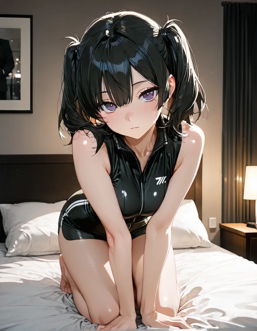 professional photo, high detail, solo focus, twintails, sleeveless, kneeling on bed, rim light, dslr quality, hentai_studio_quality