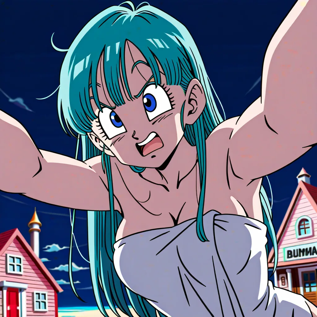 The characters Bulma and Launch, from Akira Toriyama's anime *Dragon Ball*, are both wearing bikinis and lying sensually on their Capsule Corp. towels at the beach near Master Roshi's Kame House. Bulma has blue eyes and straight, light blue hair that reaches her shoulders. Launch has black eyes and long, wavy, dark blue hair that reaches her back. Master Roshi appears behind them with a funny expression upon seeing Bulma and Launch., (anime style:1.3), 2d, anime screencap, cel shading, flat color