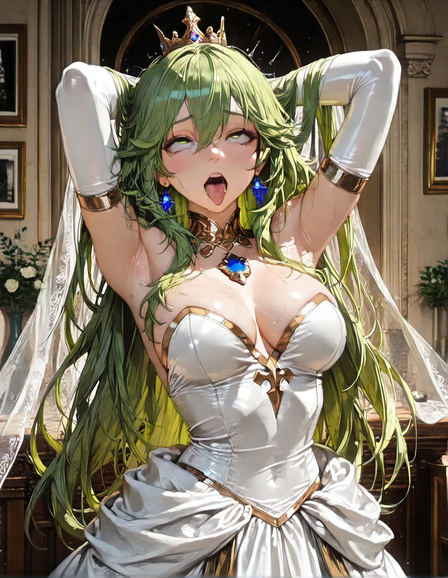professional photo, high detail, princess, green hair, elbow gloves, ahegao, hyperrealistic, hentai_studio_quality